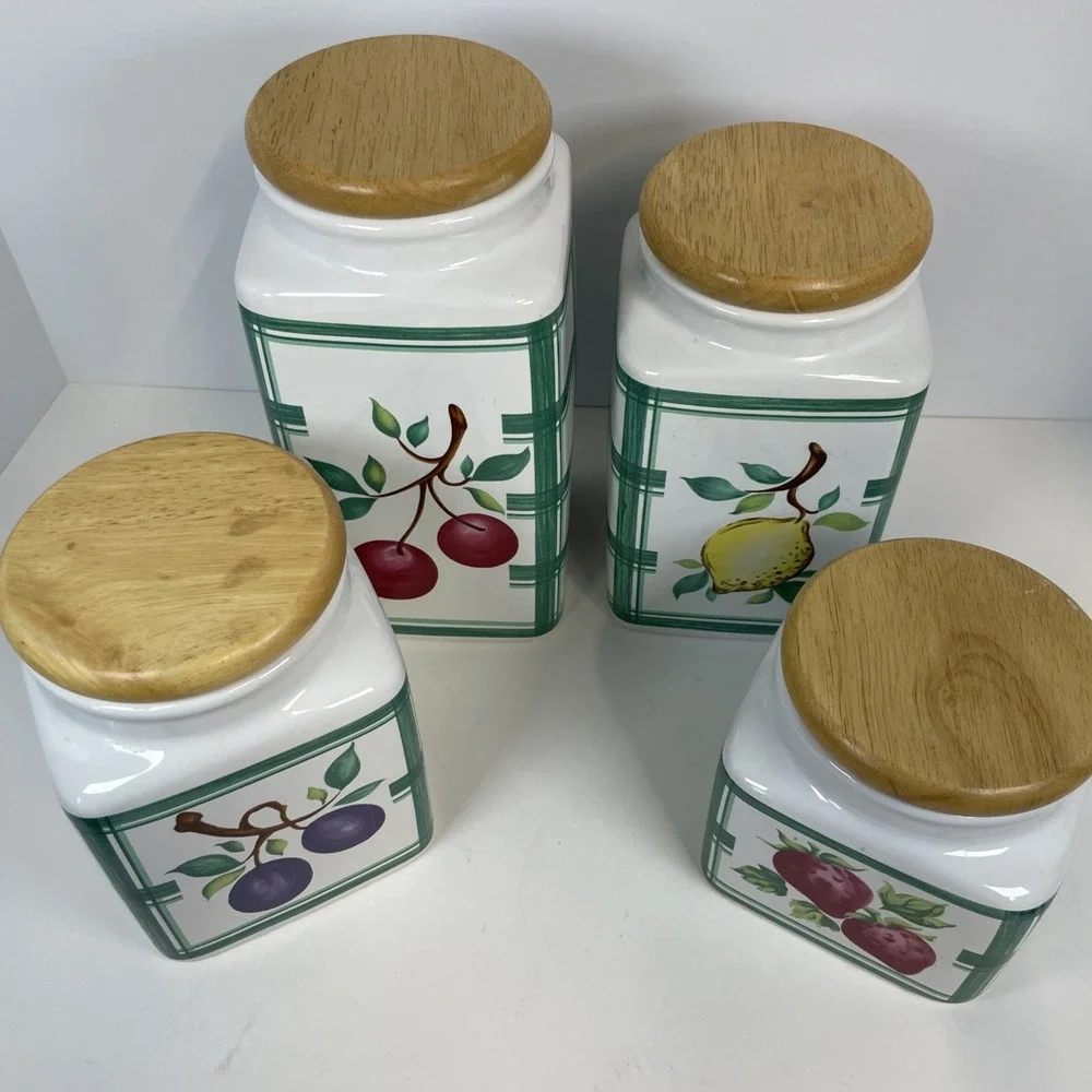 LILLIAN VERNON Fruit Canister Set 4 With Lids Grapes Cherries Lemon Strawberry
